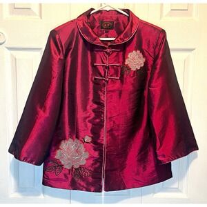 Vintage 100% Silk Chinese Tang Jacket XL Maroon Floral Embroidered Frog Closure